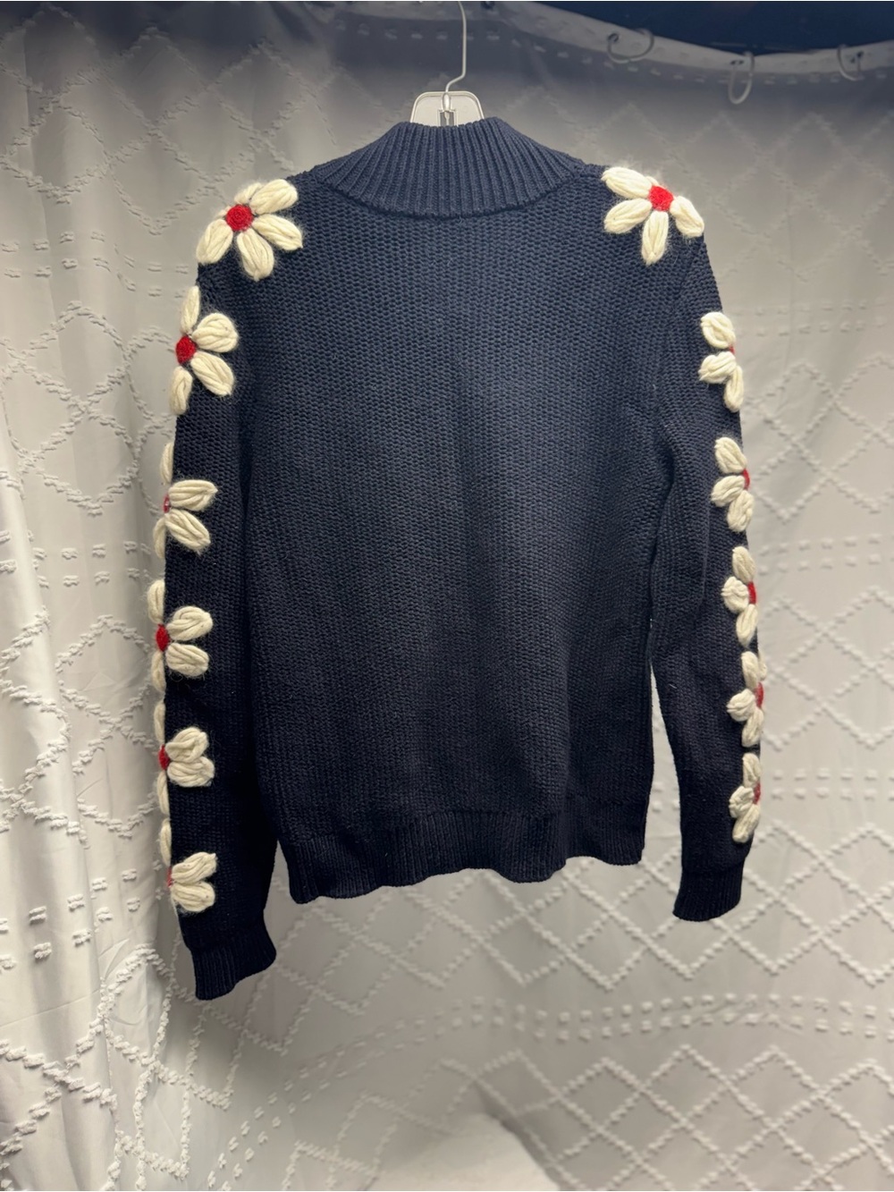 Tory Burch Navy Blue Floral Embroidered Zip-Up Sweater, Size M - Picture 3 of 6